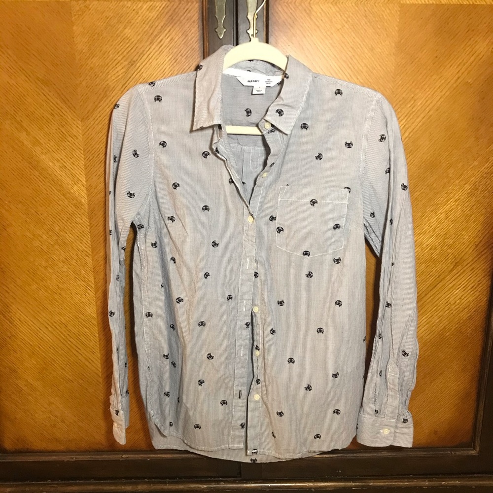 Cat Print Button Blouse